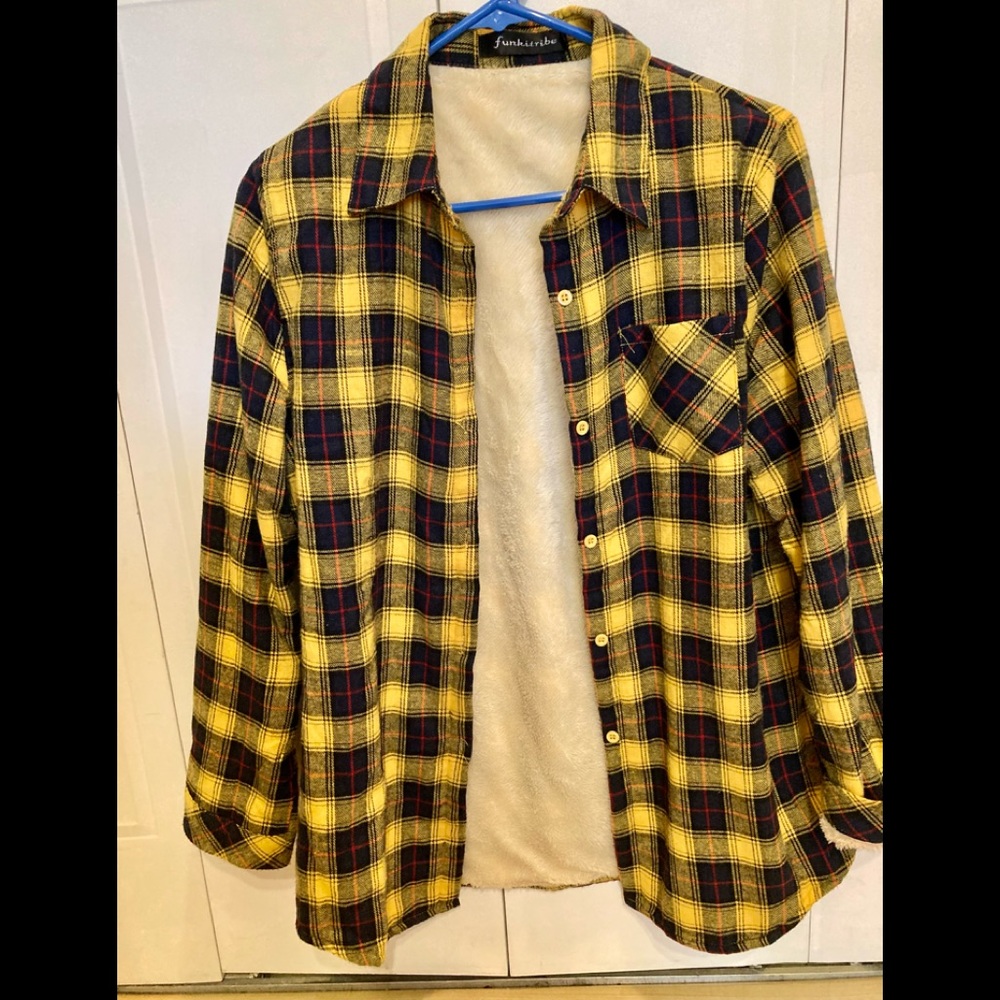 Yellow and Navy Fuzzy Funkitribe Flannel Size Large